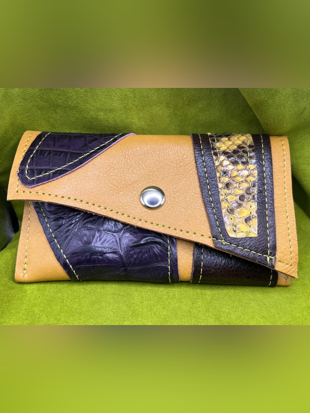 Vtg Jack Blue Handmade Leather Wallet Clutch Exotic Reptile Accent OOAK Artisan
